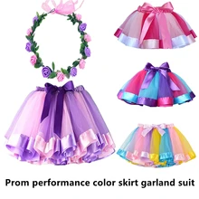 Jupe Tutu multicolore pour filles, 2 pièces, 4 couleurs, tenue princesse, avec guirlande, pour enfants 