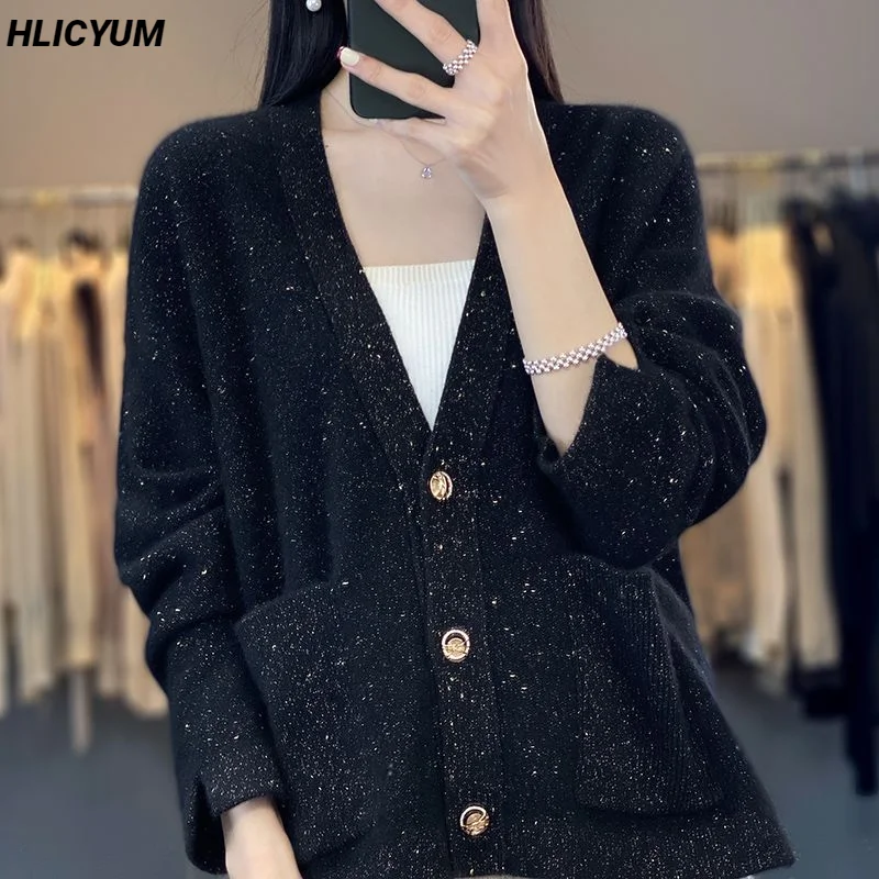 

Women's Cardigan 2023 Autumn/Winter 100% Sweater Casual Knit Loose Ladies Tops V Neck Overside Thick Single Breasted Blouse