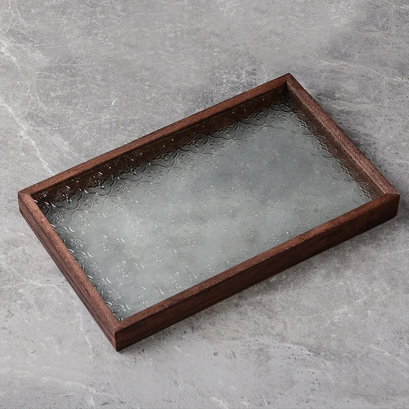 Begonia embossed glass walnut rectangular tea tray storage ornament, tea cup, fruit snack wood decorative tray large 6