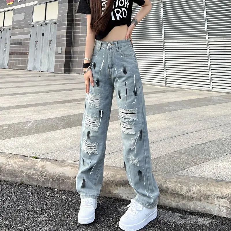 Streetwear Vintage Jeans High Waist Blue Y2k Fashion Ripped Splash Ink Trouser For Women's Summer Korean Style Denim Long Pants