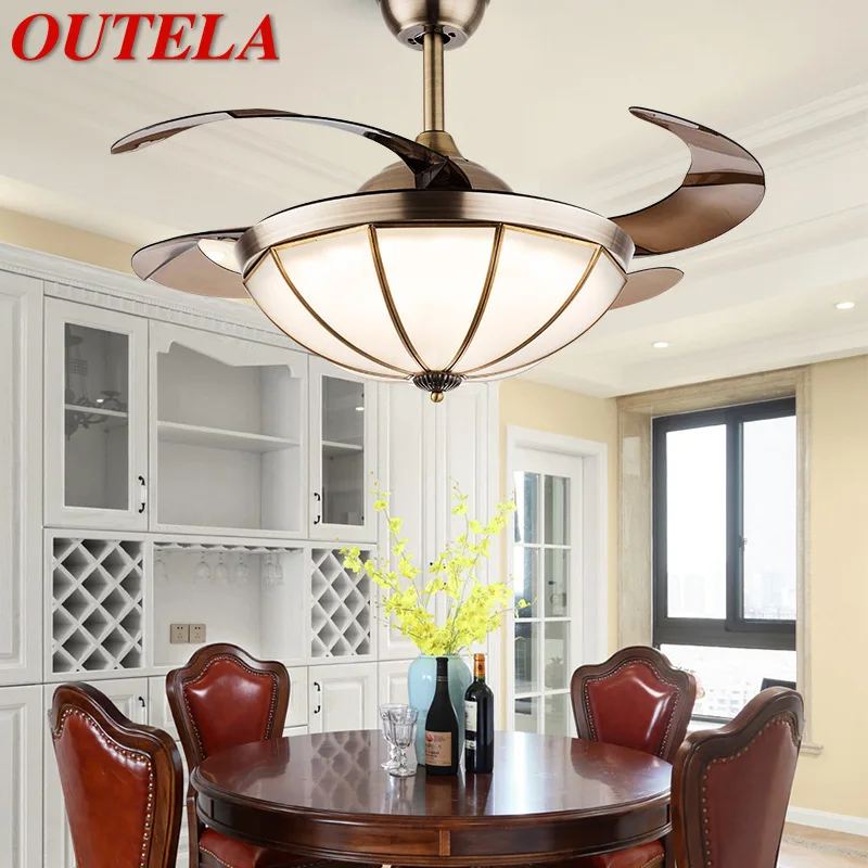 

OUTELA Light Luxury Ceiling Fan Lights Industrial LED Brass Hanging Lamp with Remote Control For Home Bedroom Loft