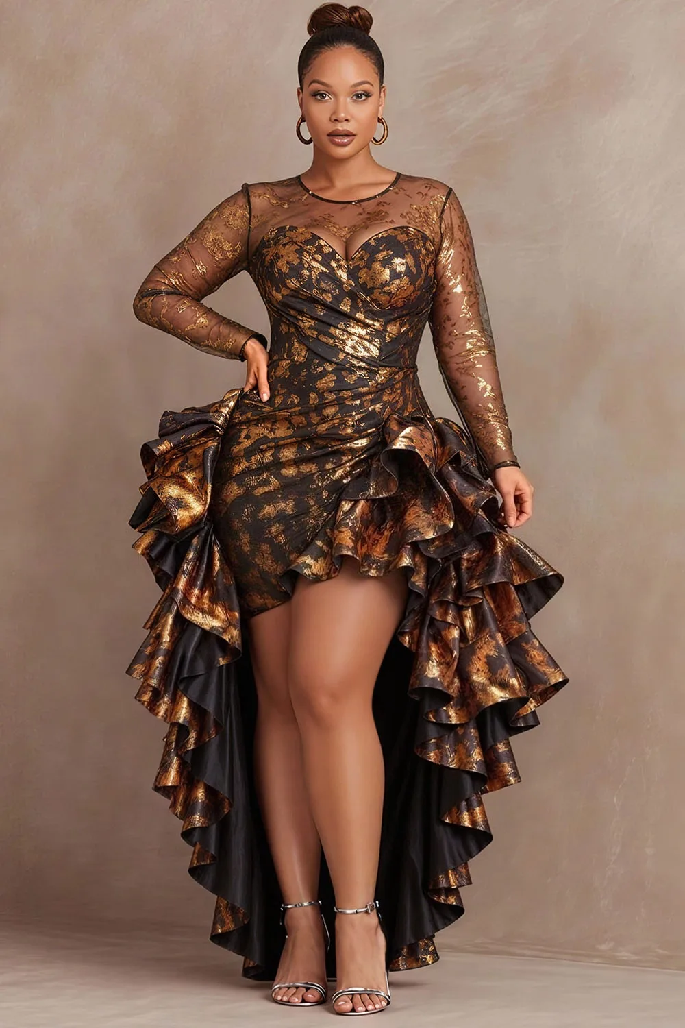 Plus Size Cocktail Party Gold Round Neck Long Sleeve Ruffle Elegant High Low Hem Mini Dresses