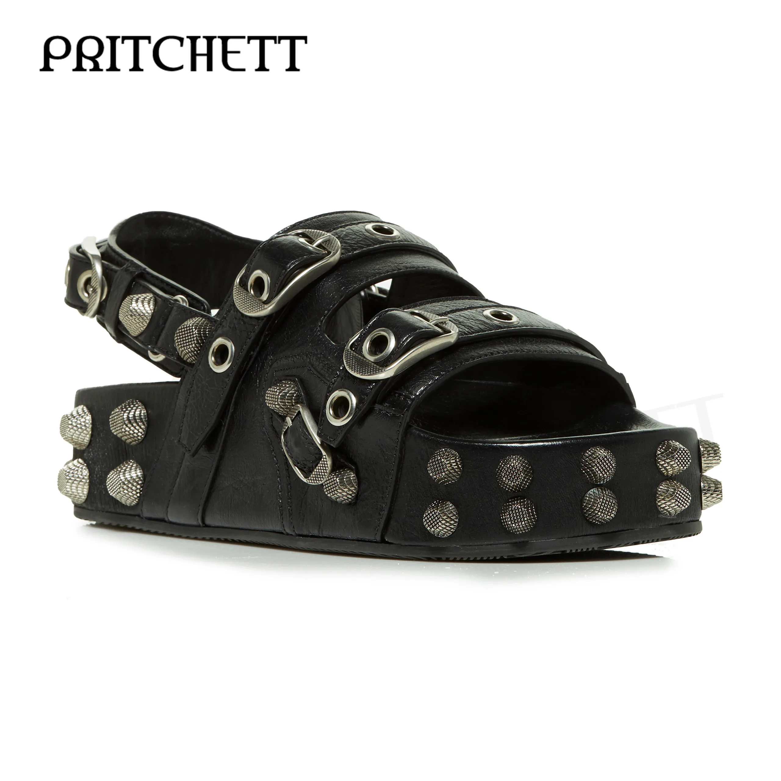 Hardware Thick Sole Black Sandals Retro Rivet Belt Pin Buckle Casual Shoes Large Size Comfortable Women's Shoes and Men's Shoes