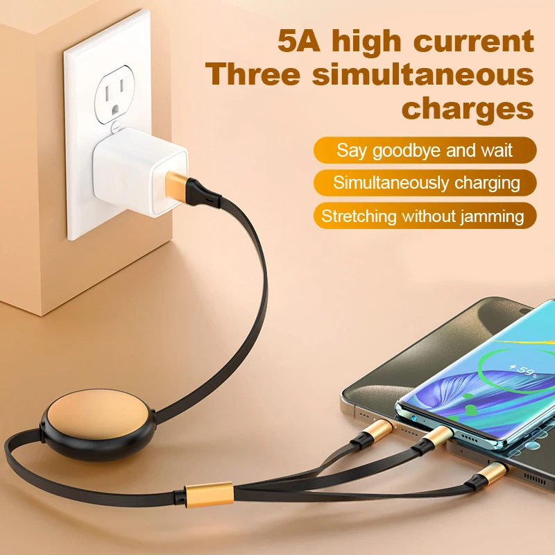 화웨이/아너용 5A 120W 3 in 2 고속 USB C 케이블, 아이폰 삼성용 접이식 휴대용 마이크로 USB 타입 C 충전 케이블