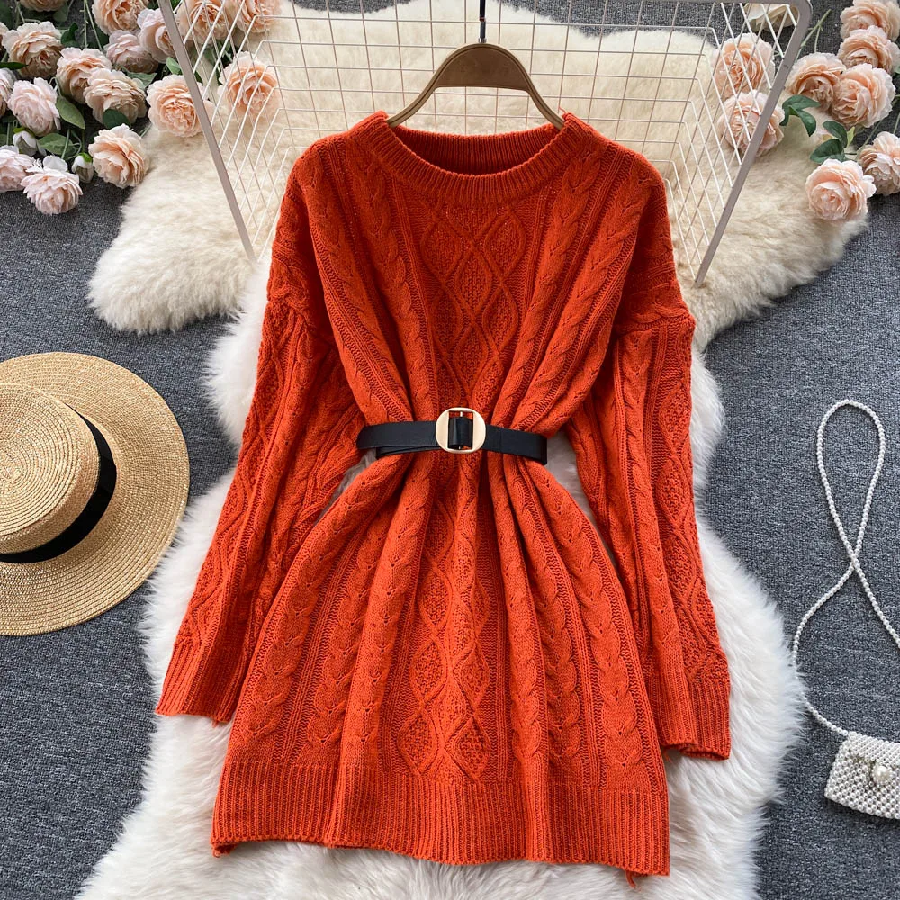 

Retro Twist Sweater with Belt Women 2022 Spring Casual Loose Lace Up Waist Cover Elegant Long Knitted Warm Basic Pullovers Top