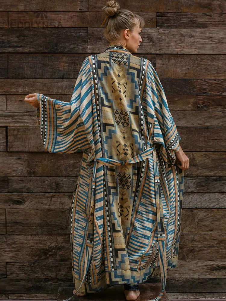Blue Retro Printed Long Sleeve Self Belted Plus Size Bohemian Kimono Tunic Women Tops and Blouses Shirts Q1228 floral kimono