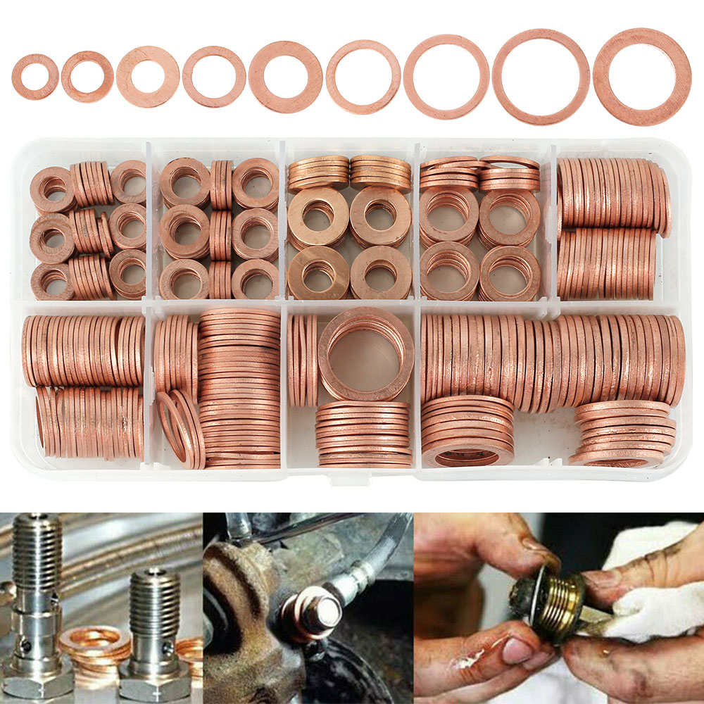400/300/280/200/150/100Pcs Copper Washers O Ring Copper Gaskets Flat Ring Seal Kit Assortment Car Copper Sealing Rings With Case