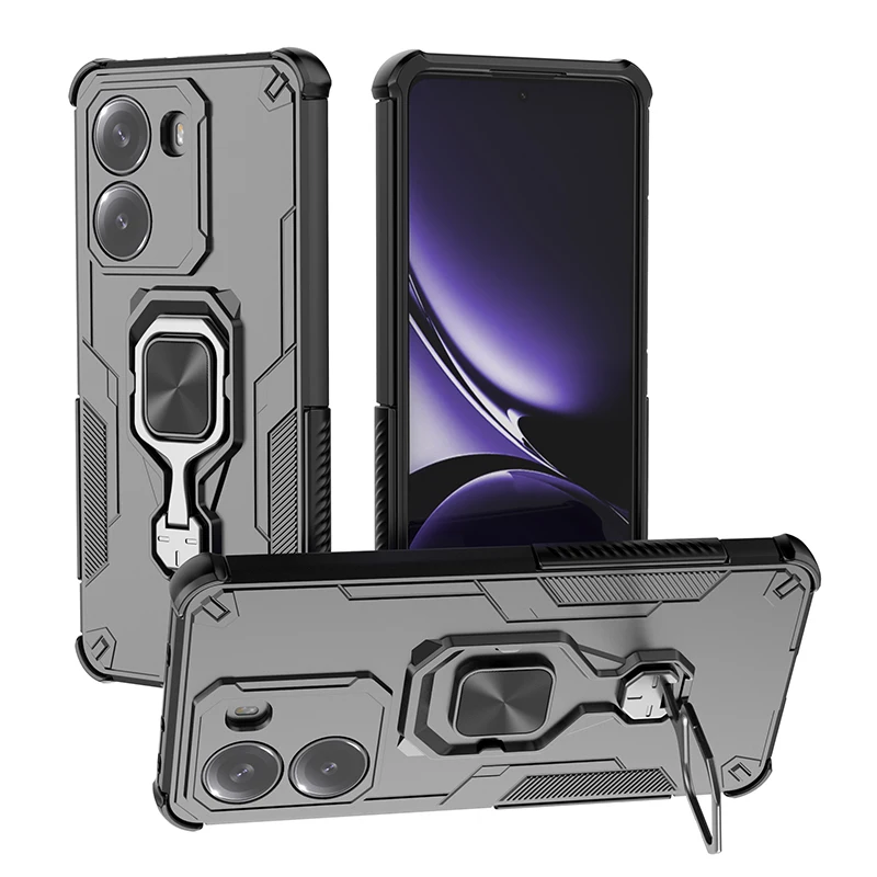 Magnetic Armor Shockproof Phone Case with Metal Ring Stand and Lens Protection