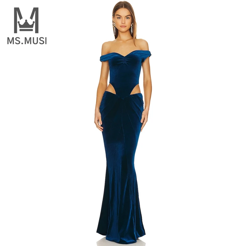 

MSMUSI 2023 New Fashion Women Sexy Off The Shoulder Hollow Out Sleeveless Backless Bodycon Party Club Velvet Maxi Dress Gown