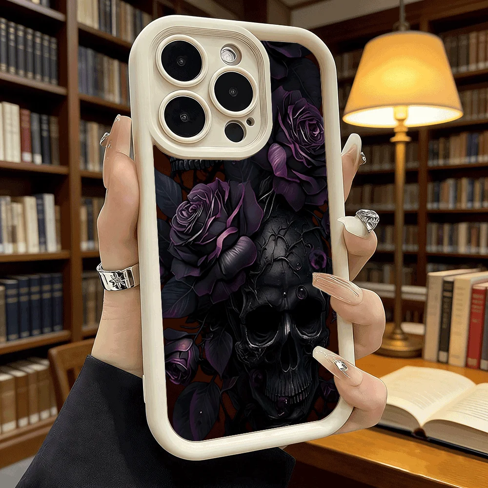Black Skull & Purple Roses Soft TPU Shockproof Anti-Fall Protective Case
