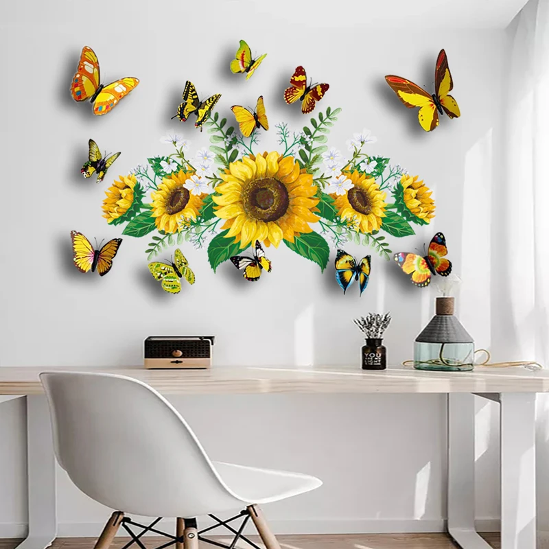 цена Set Sunflower Print Wall Sticker Modern Plastic Flower Print Wall Decal For Home Decoration