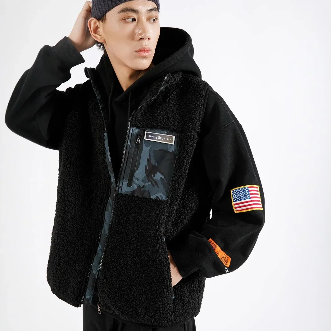 Men's Lamb Wool Vest Thickened Warm Casual Loose-Fit Motorcycle Rider Jacket Autumn Winter Season Men's Wear