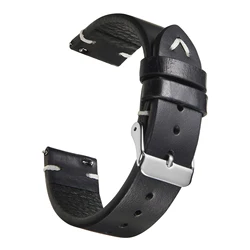 Vintage Genuine Oil Wax Leather Watch Strap - Classic Men's Band Bracelet - 20mm (Black)