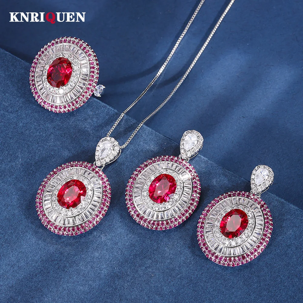Vintage 8*10mm Ruby Gemstone Necklace Pendant Ring Earrings