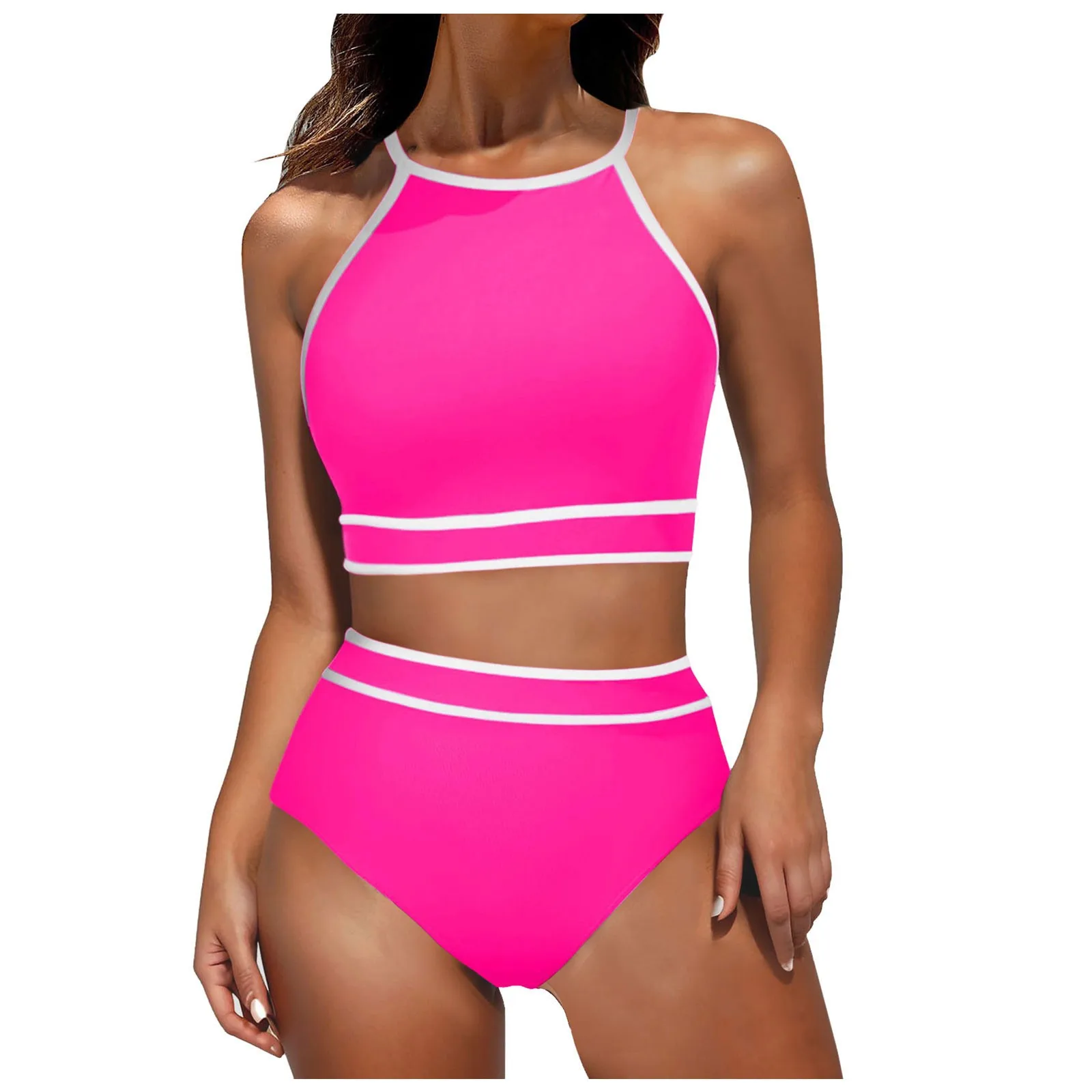 

Women's Neck Top High Waisted Bikini Set Sport Color Matching Swimsuit Two Piece Set Womens Skirted Swimsuit Bottoms