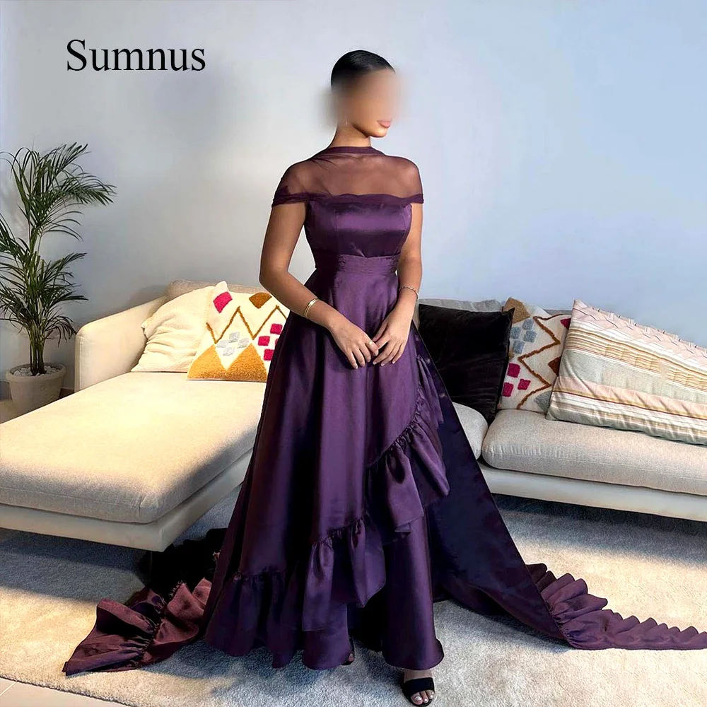 

Purple Taffeta Dubai Evening Dresses Sheer Neck Pleats Saudi Arabic Evening Gowns With Train Formal Gown Robe de Bal Femme
