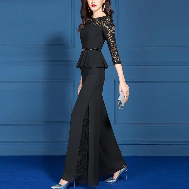 Women's Spring Autumn New Fashion Solid Color Round Neck Lace Splice Style Versatile 7/4 Sleeves Slim Fit Wide Leg Pants Suit