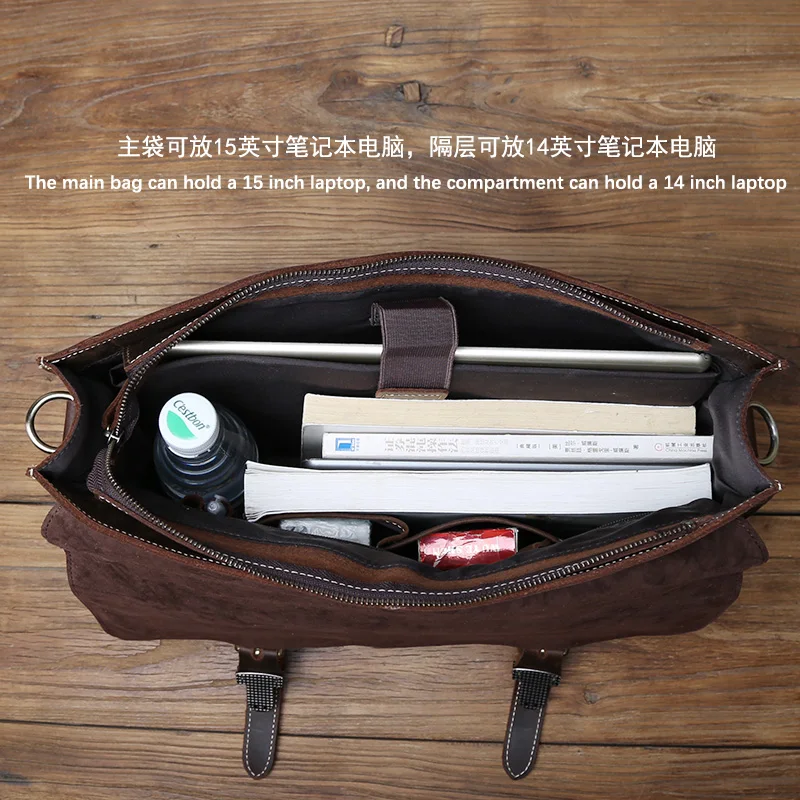 NZPJ Retro Leather Men's Handbag Crazy Horse Leather Horizontal Computer Bag Top Layer Leather Men Casual Shoulder Messenger Bag