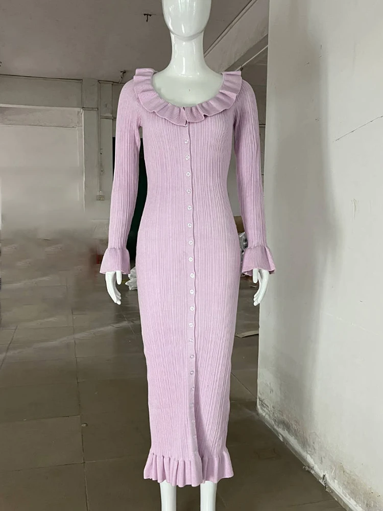 Ruffled Knit Long Dress For Women Lapel Slim High Waist Single Breasted Sweater Maxi Dress Elegant Ladies Party Dresses