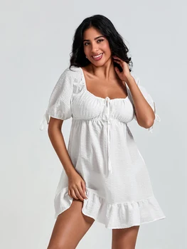 Maternity Plaid Dress with Puff Sleeves and Sweetheart Neckline Ruffled Hem Loose Fit Short Length - Pregnancy Fashion 4