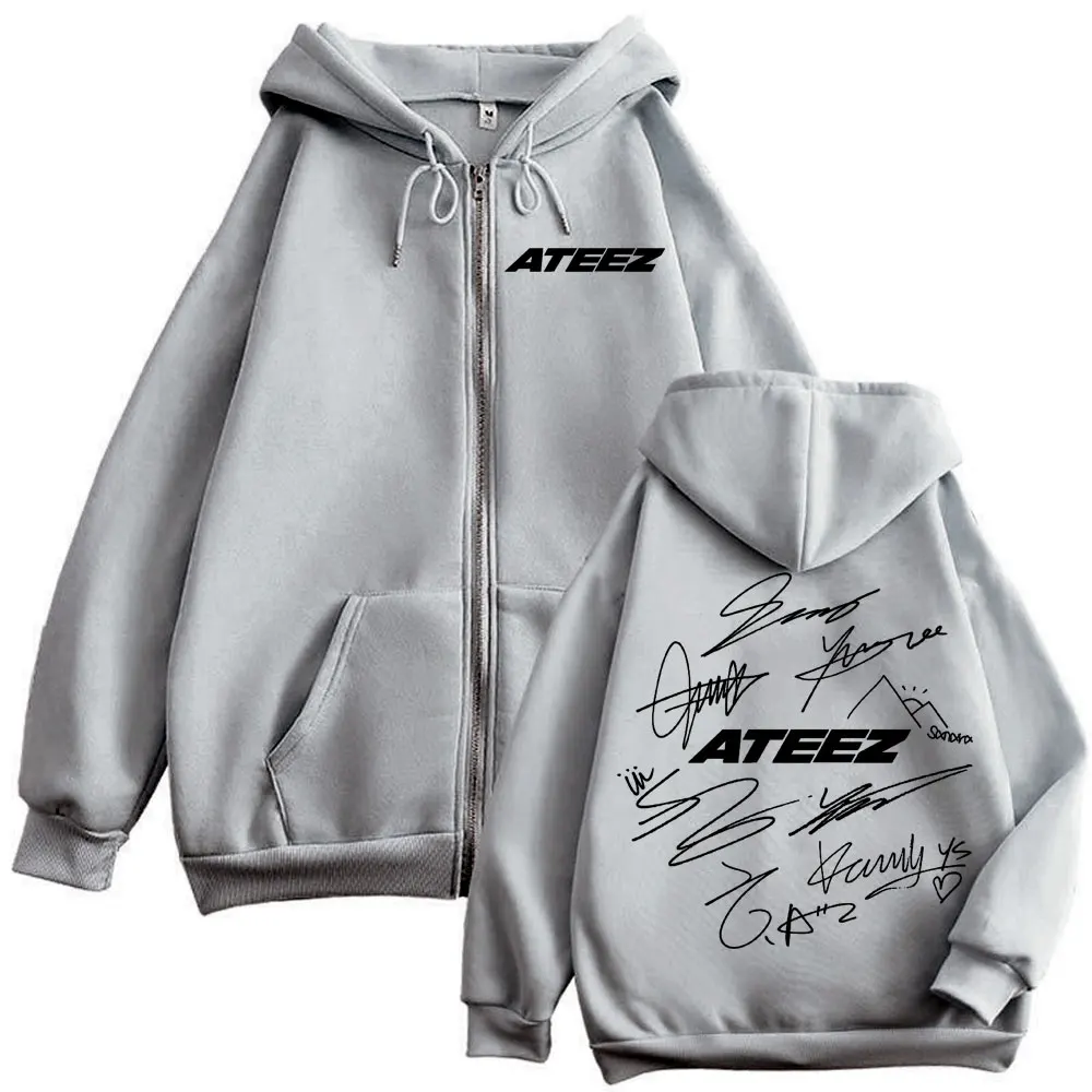 Limited Kpop ATEEZ Logo Double Sided Print Zipper Hoodie Fashion Hip Hop Zip Up Sweatshirts Men Women Casual Oversized Pullovers