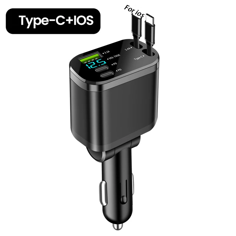 Universal Multi-Function Fast Charging Car Charger with Retractable Cable