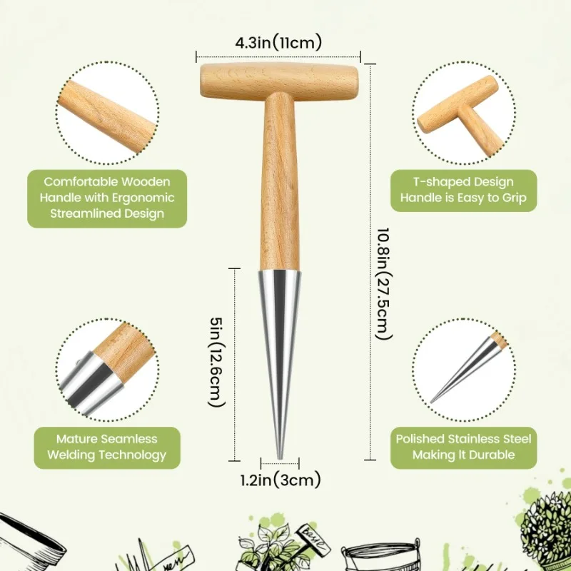 1pc Hand Dibber, Stainless Steel Sow Dibbler With Wood Handle, For Sowing Seeds, Transplanting Plants, Planting Bulbs, Digging