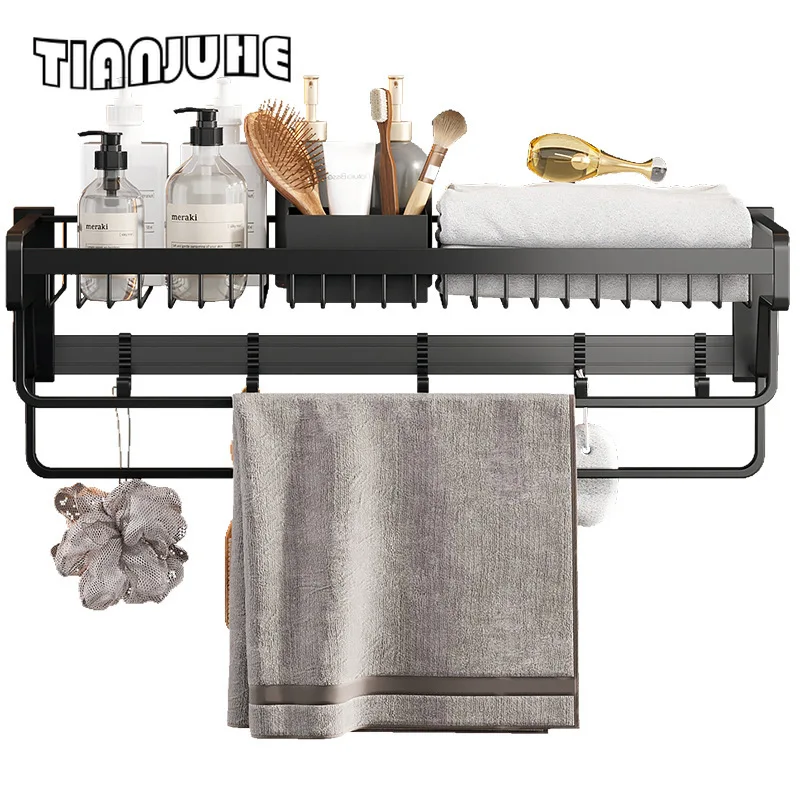 Black Towel Rack With Shelf - 24 Inch Wall Mounted, Foldable, 5 Sliding Hooks, Drilling Or Adhesive Installation, For Bathroom, Laundry - View #7