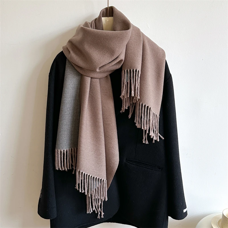 

2023 Winter Simple Warm Cashmere Poncho Scarf Fashion Solid Double Side Design Pashmina Shawl Blanket Wraps with Tassel Echarpe