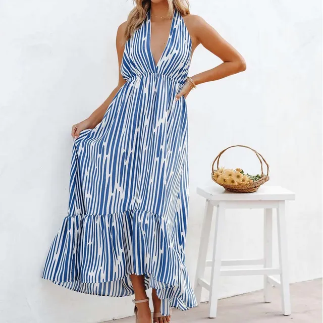 Dresses For Women 2023 Evening Dresses Sleeveless Elegant Striped Print Long Dresses Deep V Neck Backless Halter Dress Vestidos Excellent product recommendation