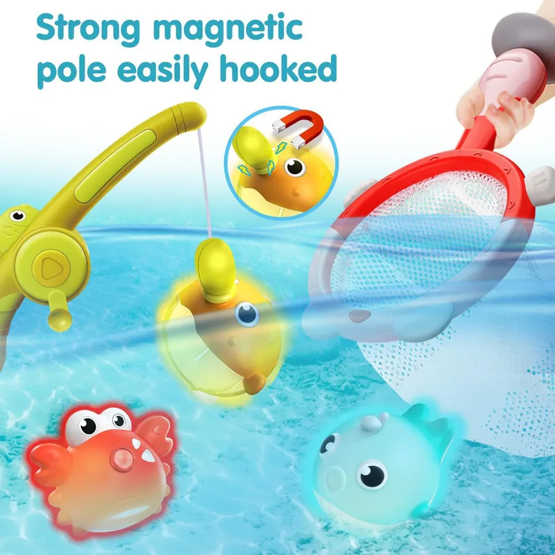 Magnetic LED Light Up Fishing Games Baby Bath Toys Set with Fishing Rod Toddler Bathtub Floating Water Toys for Kids Gift 2