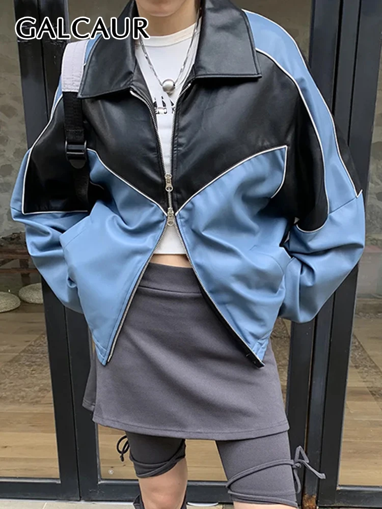 

GALCAUR Streetwear Patchwork Leather Colorblock Jackets For Women Lapel Long Sleeve Spliced Zipper Casual Loose Coats Female New