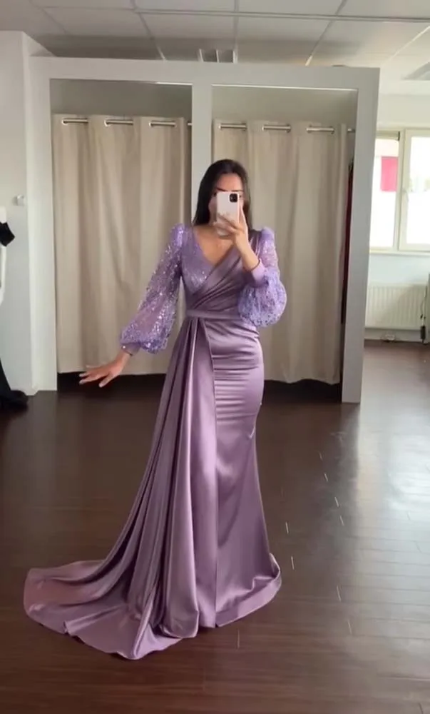 Sumnus Purple Satin Mermaid Evening Dresses Long Sleeve Side
