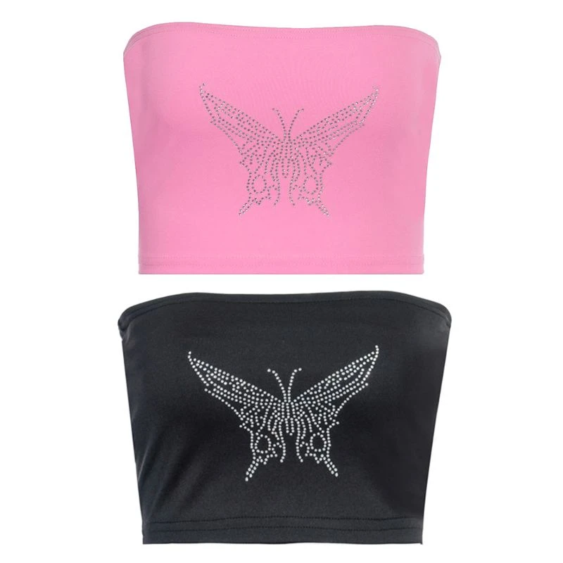 Sujetador Bandeau sin tirantes para mujer, Sexy, mariposas brillantes, perforación en caliente, diamantes de imitación, envuelta en el pecho, Top de tubo corto, busto de fiesta en playa|Camisetas sin mangas| -