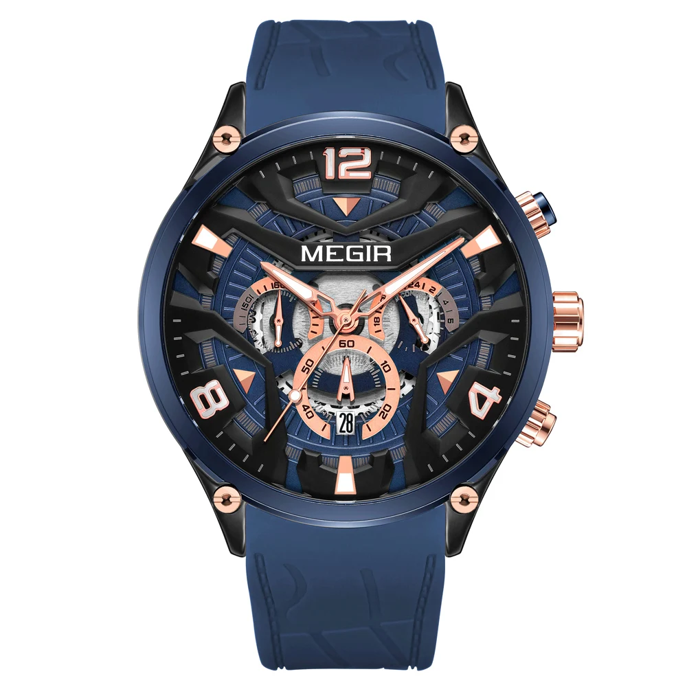 MEGIR Orologio Uomo Al Quarzo Cronografo – Cassa Tonneau Nera 42 Mm, Cinturino In Silicone Blu, Quadrante Con Data E Lancette Luminose, 2218 Blu - 2