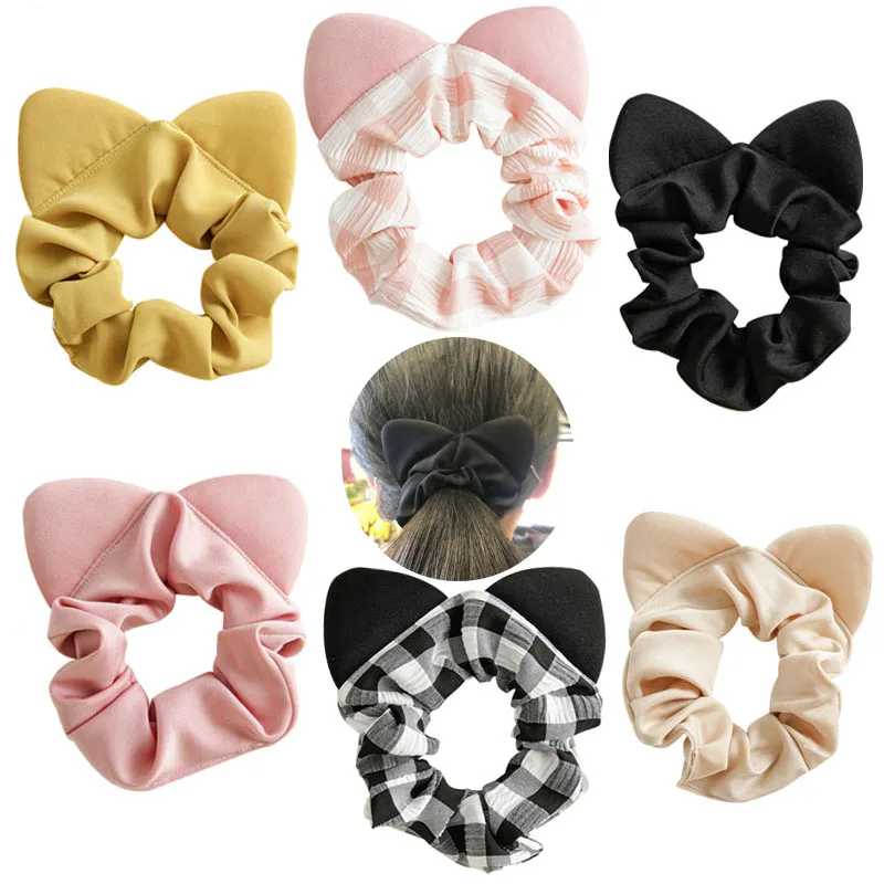 Cute Cat Ear Hair Scrunchies Fashion solid color Fabric hair Ring Plaid Hair Ties Ponytail Holder Hair Bands Hair Accessorie solid color soft chiffon necklace pendant ring scarf hijab multi style decorative fashion scarf turban hair accessorie wholesale