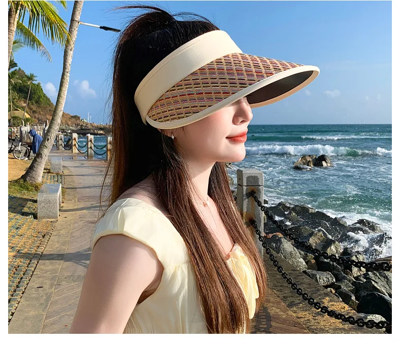 Casquette supérieure vide à rayures arc-en-ciel, nouveau Style d'été, mode polyvalente pour l'extérieur, Anti-Ultraviolet, chapeau pare-soleil à Large bord_voghion.com