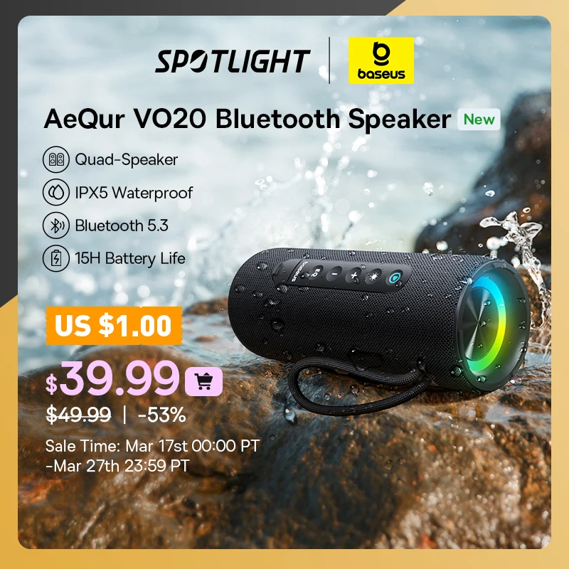  Baseus AeQur VO20 Portable Wireless Speaker Bluetooth 5.3 IPX5 Waterproof Bass Subwoofer Sound box for Outdoor Camping Speakers 