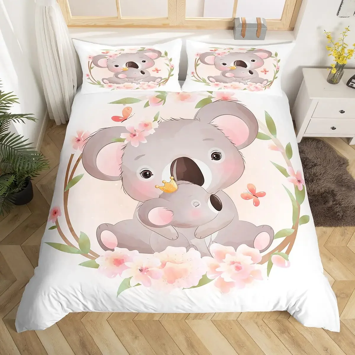 Cartoon Cute Koala Duvet Cover Women Kids Girls Teens Warm Gifts Room Decor Pink Flowers Cartoon Animal Theme Queen King Bedding 3