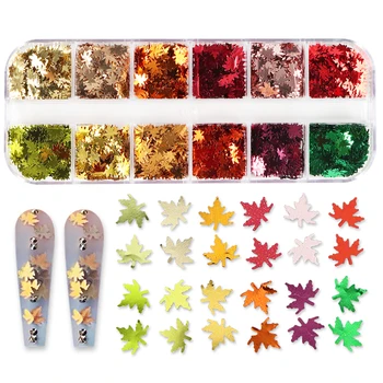 Holographic Maple Leaf Shape Nail Sequins 3D Weed Metallic Leaves Glitter Flakes Set For Manicure Gel Fall Nail Art Decorations 1