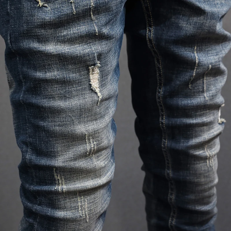 Fashion Vintage Men Jeans High Quality Retro Black Blue Elastic Slim Ripped Jeans Men Spliced Designer Denim Biker Pants Hombre