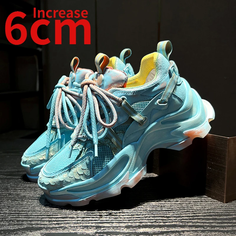 

Genuine Leather Retro Dad's Shoes Women's Thick Soles Increased 6cm Sneakers Summer Mesh Breathable Elevated Sports Casual Shoes