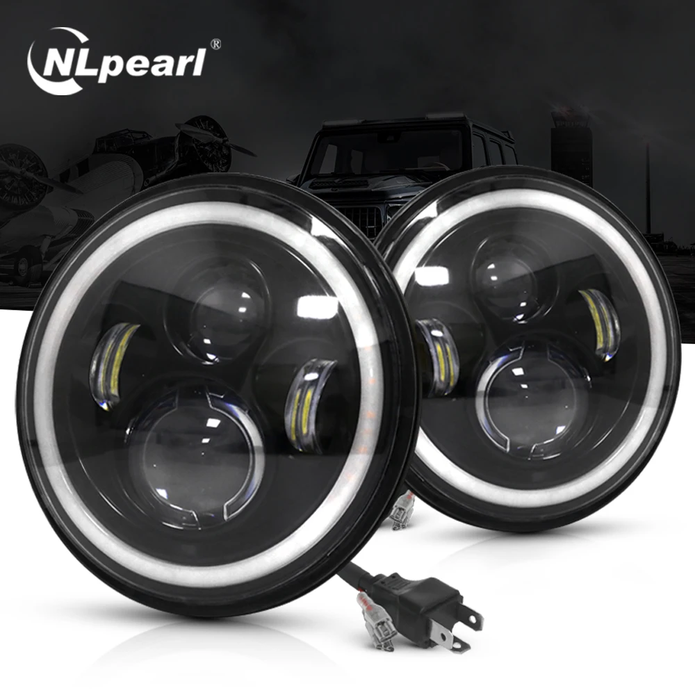 NLpearl LED HeadLight Bulbs 7inch Round Motorcycle LED HeadLamp Angle Eyes 12V 24V Turn Signal for Lada Niva Urban Offroad 4x4