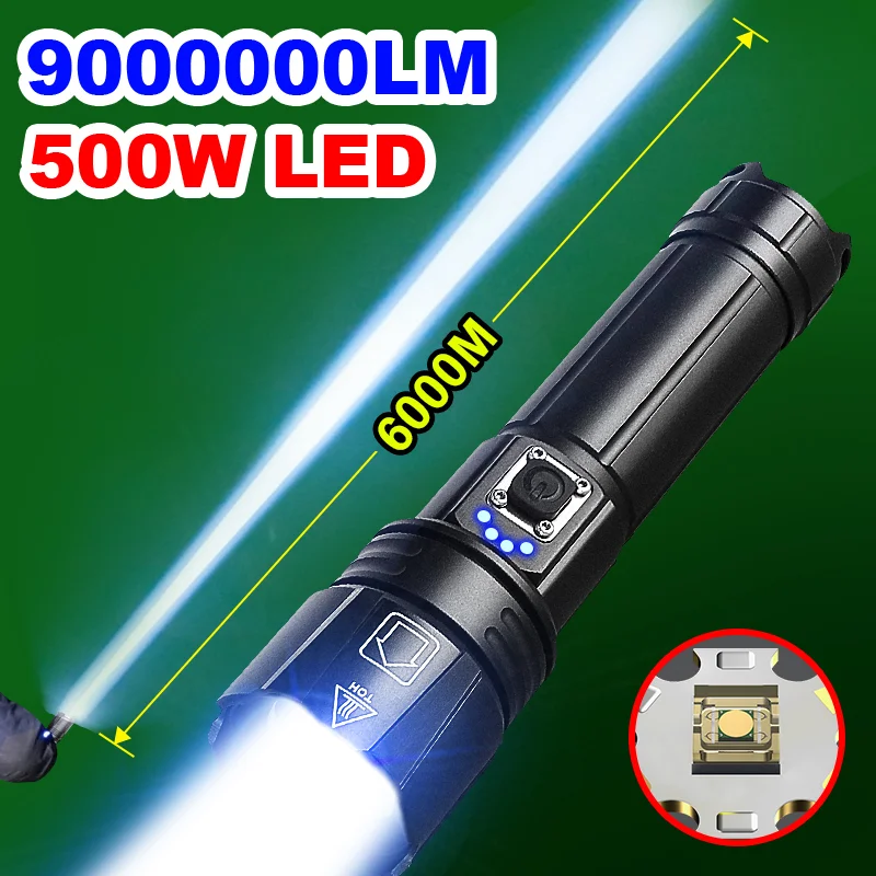 Most Powerful LED Flashlight 500W USB Rechargeable Torch Light 6000Meter XHP360 High Power