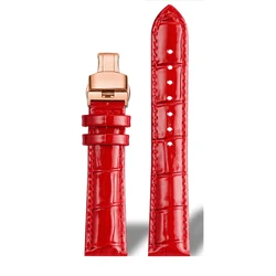 Premium Ultra - Thin Cowhide Leather Watchband - Matte Glossy Finish in Red Wine - 17mm (A Red - rose gold)