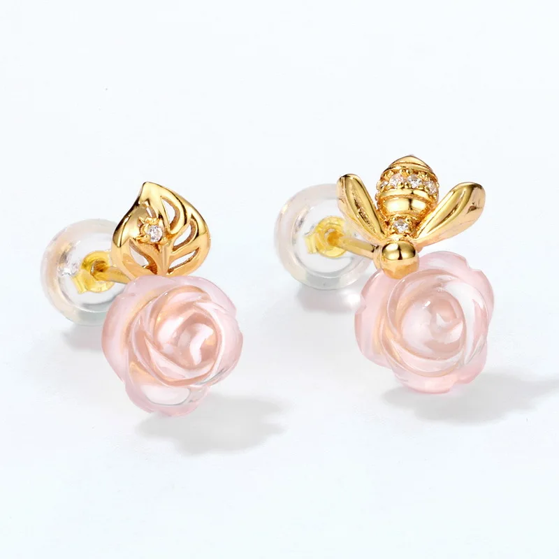 

Natural Rose Quartz Flower Stud Earrings Golden Bee Zircon Pink Crystal Rose Flowers S925 Sterling Silver Ear Studs Women Gifts