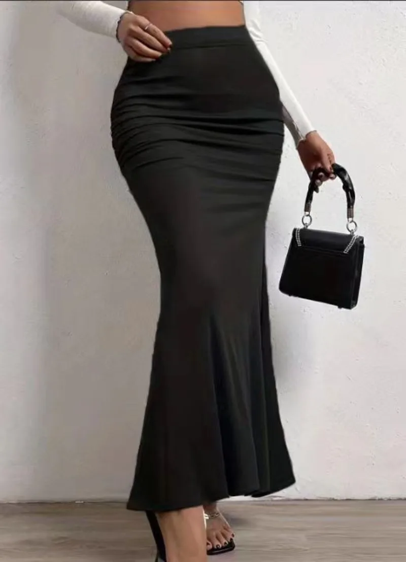 

Autumn Elegant Black High Waist Ruched Mermaid Skirt Women Summer Club Party Y2K Solid Ruched Slim Fit Skirts Streetwear