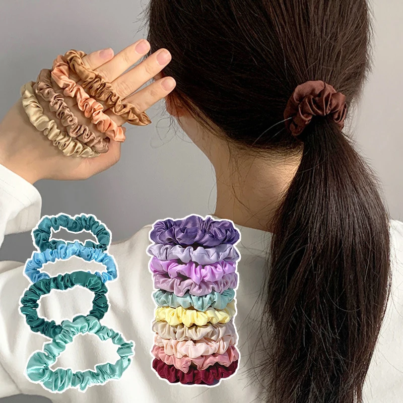Hair Scrunchies for Women, Silky Satin Ponytail Holder, Elastic Hair Bands, Small Rubber Bands, Hair Rope Set, Girl, 10Pcs