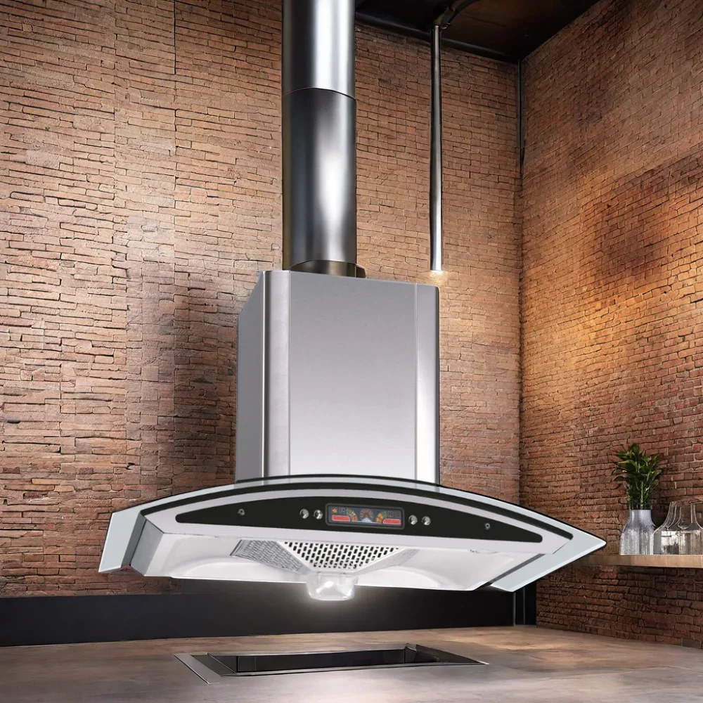 90cm Island Range Hood with Low Noise Vertical Chimney Extractor Home Appliance Kitchen Cooker Hood LED Light Copper Housing 3