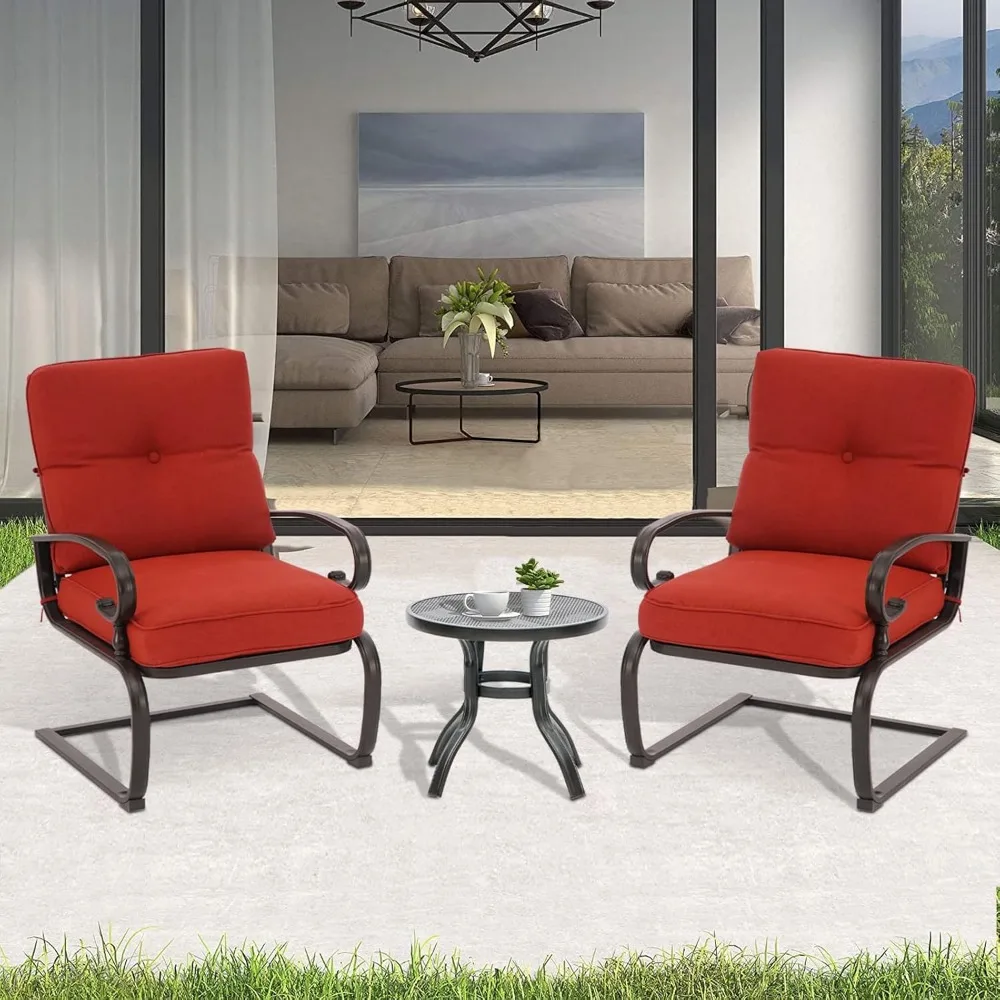 Outdoor Bistro Set 3-Piece Spring Metal Lounge Cushioned Chairs and Bistro Table Set Wrought Iron Cafe Furniture Seat, 3